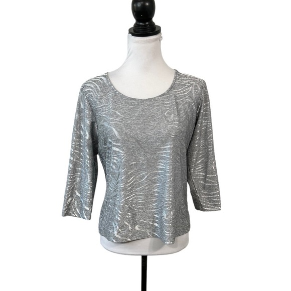 hearts of palm Tops - Hearts Of Palm Petite Blouse Woman's PM Silver Metallic Top 3/4 Sleeve Pullover